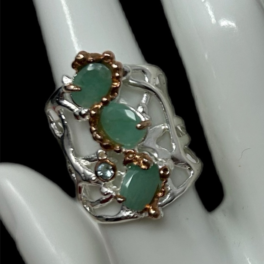 Elegant Genuine Emerald Ring, Sterling Silver Ring with Intricate Design - Picture 1 of 4